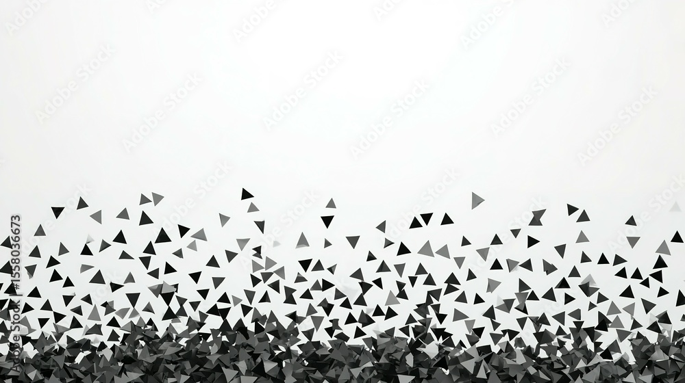 Poster abstract pattern of scattered triangles in grayscale.
