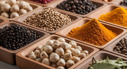 Vibrant Collection of Aromatic Spices and Herbs in Wooden Bowls