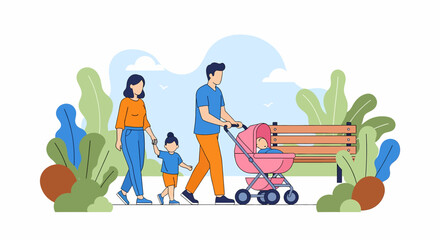 Adobe illustrator artwork vector illustration of family with child in park, showing parents walking with stroller in vibrant outdoor setting—ideal for parenting, lifestyle, and nature themes.