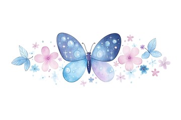 Colorful watercolor butterfly surrounded by delicate flowers and soft pastel elements