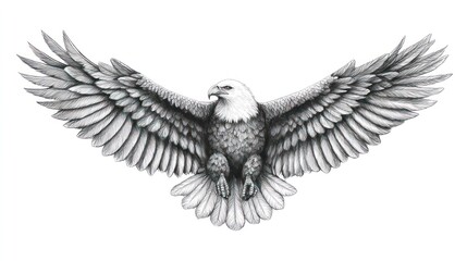 Obraz premium Detailed grayscale illustration of a soaring bald eagle