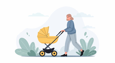 Adobe illustrator artwork vector illustration of mother with stroller in green park, surrounded by trees and clouds—ideal for parenting, family, and outdoor lifestyle themes.