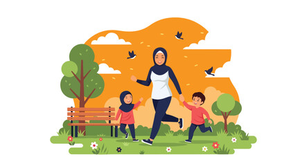 Adobe Illustrator artwork vector illustration of a mother playing with her kids in a vibrant park, surrounded by trees, flowers, and birds—perfect for family, parenting, and outdoor-themed designs.