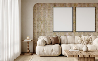 Two Vertical Frame Mockup Above Modern Couch with Wooden Coffee Table and Floor Lamp in Cozy Room