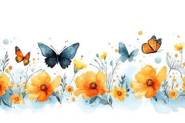 Colorful Butterflies and Bright Orange Flowers in a Soft Watercolor Style Design