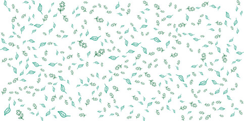 Hand Drawn Delicate teal leaves and flowers pattern on white background.
