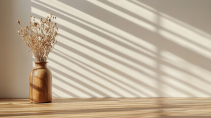 Serene indoor scene featuring dried flower arrangement wooden vase, casting beautiful shadows