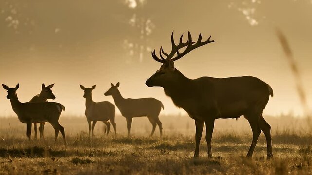A group of deer, including a majestic stag with large antlers, standing silently in a misty grass field at dawn. Soft morning light creates a golden haze in the background