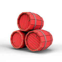 Stack of Three Red Wooden Barrels Isolated on White Background. 3D Illustration. File with Clipping Path