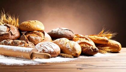 Close-up of rustic bread assortment, flour dusting and wooden rolling pin on table.