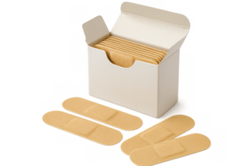 Wound care essentials scattered near white bandage box, displaying medical supplies on translucent surface