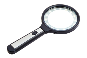Handheld magnifying glass with a bright LED light ring isolated with transparent background