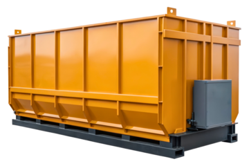 Large orange industrial metal container for commercial waste isolated with transparent background