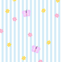 Illustration of stripe background with flowers and butterfly for wallpaper, backdrop, floral print, spring, summer, fabric, garment, textile, duvet, pyjamas, paper design, book cover, nature, garden