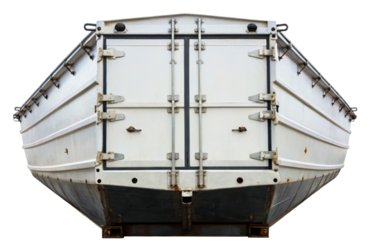 Rear view of a large white commercial truck trailer isolated with transparent background