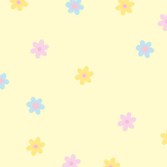 Illustration of flowers on pastel yellow background for wallpaper, backdrop, floral print, spring and summer, fabric, garment, textile, duvet, pyjamas, paper design, book cover, nature, garden