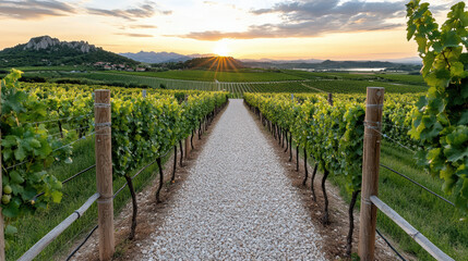 Fototapeta premium Serene vineyard path lined with lush grapevines leads to stunning sunset view
