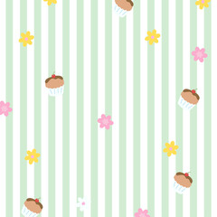 Illustration of green stripe background with cupcake, flowers for wallpaper, backdrop, floral print, spring, summer, fabric, garment, textile, duvet, pyjamas, paper, book cover, sweet dessert, apron