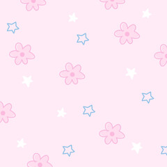 Illustration of flowers on pastel pink background for wallpaper, backdrop, floral print, spring and summer, fabric, garment, textile, duvet, pyjamas, paper design, book cover, nature, garden