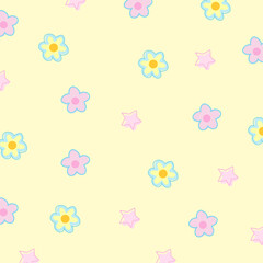 Illustration of flowers on pastel yellow background for wallpaper, backdrop, floral print, spring and summer, fabric, garment, textile, duvet, pyjamas, paper design, book cover, nature, garden