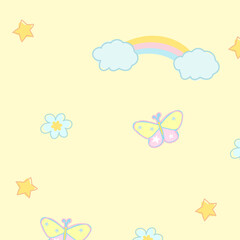 Illustration of rainbow, butterfly on yellow background for wallpaper, backdrop, floral print, spring and summer, fabric, garment, textile, duvet, pyjamas, paper design, book cover, nature, garden