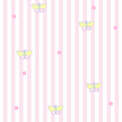 Illustration of pink stripe with butterfly background for wallpaper, backdrop, floral print, spring and summer, fabric, garment, textile, duvet, pyjamas, paper design, book cover, nature, garden