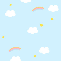 Illustration of rainbow, cloud on pastel blue background for wallpaper, backdrop, floral print, spring and summer, fabric, garment, textile, duvet, pyjamas, paper design, book cover, nature, garden

