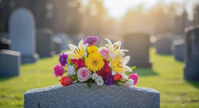 Floral Tribute on a Grave in a Cemetery - Remembrance and Respect