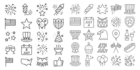 Fourth of July and Independence Day celebration icon set in line vector style