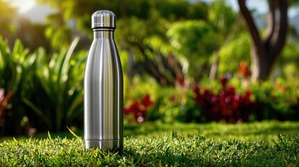 A stainless steel bottle standing upright on soft grass in a sunlit garden