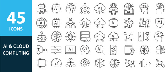 AI and cloud computing icon set with 45 modern line vector designs
