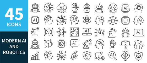 Modern artificial intelligence and robotics icon set with 45 line vector illustrations