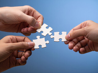 Three Hands Connecting White Puzzle Pieces: Teamwork, Collaboration, Solution Concept