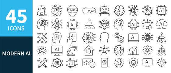 Modern artificial intelligence icon set with 45 editable line style vector symbols