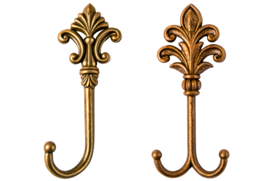 Decorative vintage bronze wall hooks isolated with transparent background