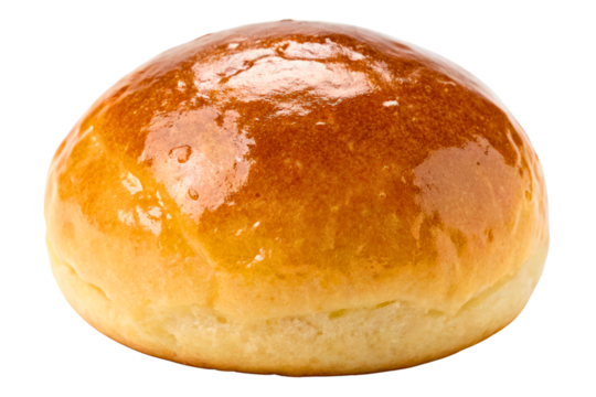 Delicious freshly baked brioche bun with a shiny golden top isolated with transparent background