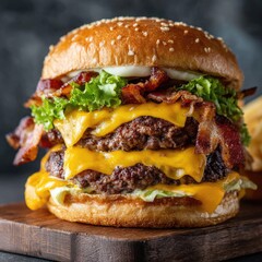 Triple cheeseburger with bacon and lettuce