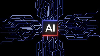 AI or artificial intelligence technology circuit board illustration on black background.