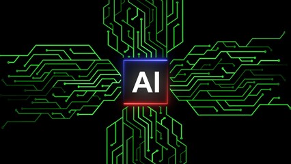 AI or artificial intelligence technology circuit board illustration on black background.