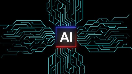 AI or artificial intelligence technology circuit board illustration on black background.