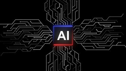 AI or artificial intelligence technology circuit board illustration on black background.