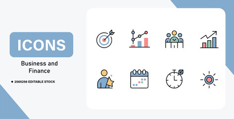Business and Finance Icons Target, Growth, Teamwork, and More