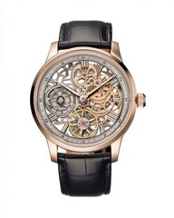 Luxury Skeleton Watch with Rose Gold Case and Black Leather Stra