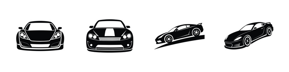 Modern look at a compact sports car front view racing into distance Flat Silhouette on White Background