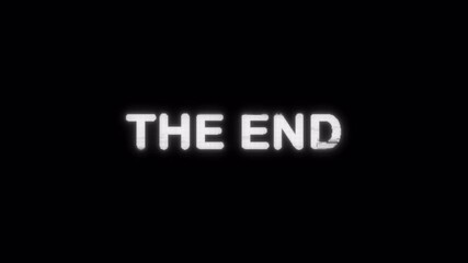 The end text animation with a silver accented glitch effect on a black background. Functioning as a sleek outro or concluding frame for contemporary digital video content. 4K Video