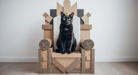 Regal Black Cat Sitting on a Cardboard Throne - Whimsical Pet Portrait