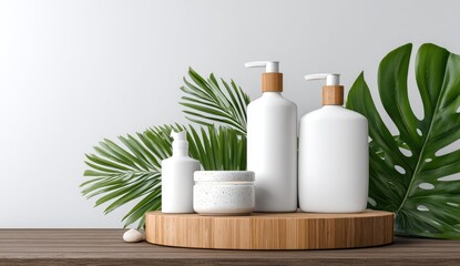 White cosmetic bottles & jar on wooden pedestal, surrounded by tropical leaves