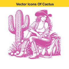 Cactus with Western Cowgirl Hat and Boots – Black and White Line Art Vector

