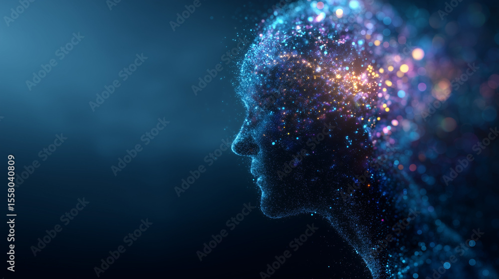 Poster abstract glowing human head profile with sparkling particle effect on a dark blue background