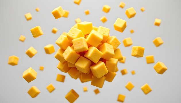 the image depicts a vibrant cluster of yellow cubed fruits, possibly pineapple chunks, floating in the air against a white background, the fruits are tightly packed together